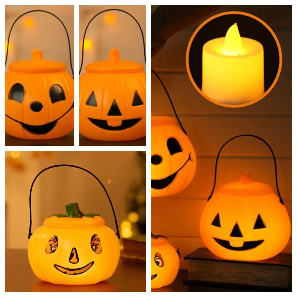 with Cover Halloween Pumpkin Lantern Handheld Trick or Treat Pumpkin Bucket Portable Plastic Halloween Candy Can