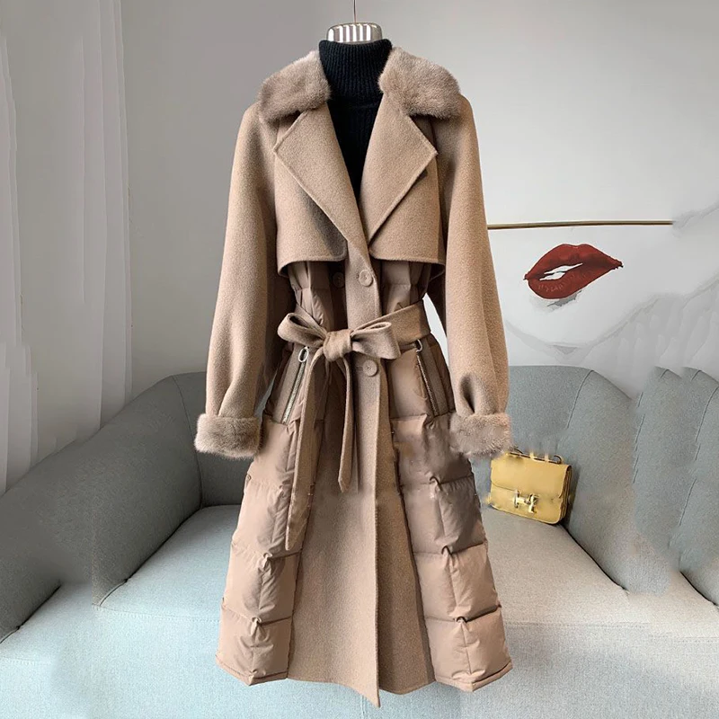 2025 New Winter Jacket Women's Stitching Woolen Coats Female Casual Mid Long Thicken Warm Woolen Overcoat Ladies Outerwear Tops