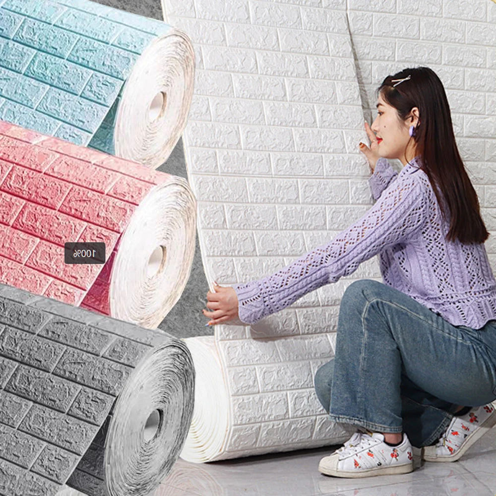 70cm*1/2/3/5/10m 3D Soft Foam Brick Wallpaper Sticker Roll DIYSelf Adhesive Livingroom Home Kitchen Bedroom Decorative Wallpaper