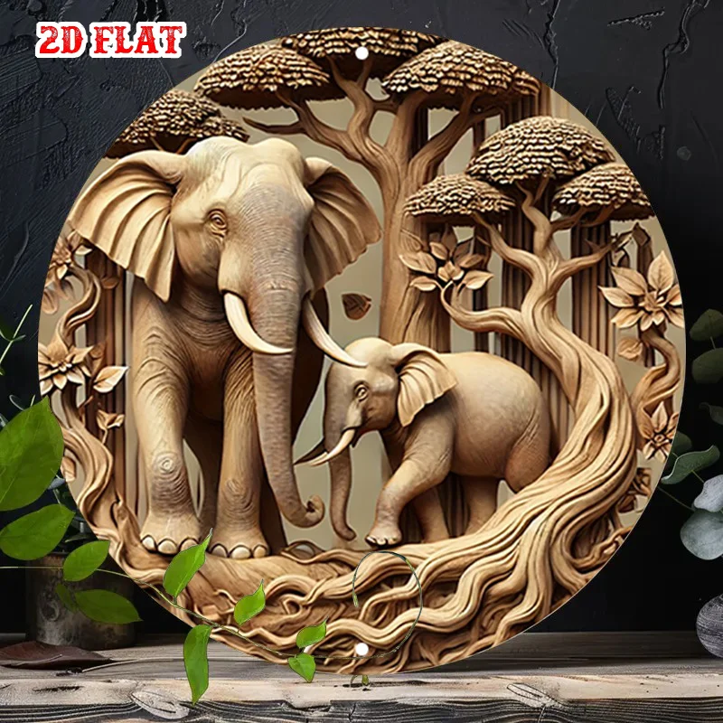 2D Flat, 2D Flat 1pc Family Bond Round Aluminum Sign, Elephant Round Wall Decor Forest Rustic Metal Wall Art, Nature Inspired