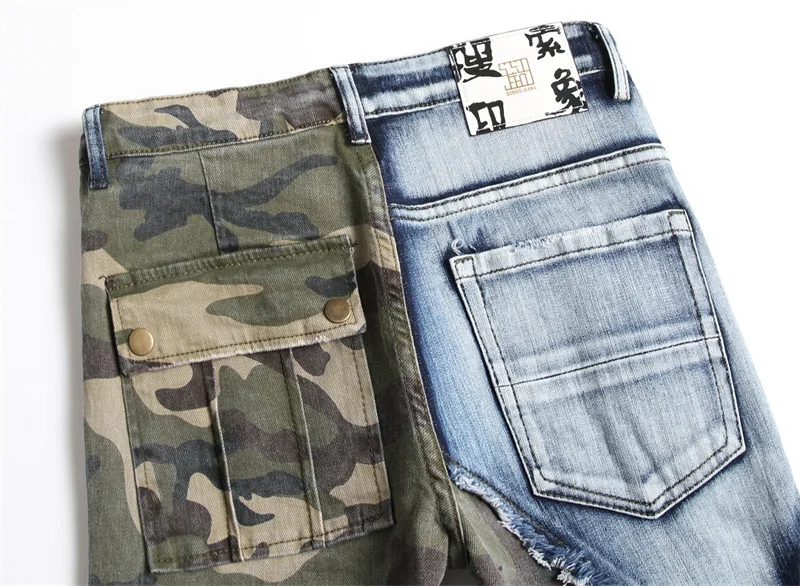 Pantalones vaqueros ajustados para hombre, Jeans elásticos de camuflaje con costuras de colores a juego, 2024