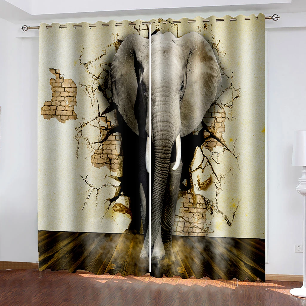 High quality custom fabric Brick Hole Elephant Photo Printing Blackout 3D Curtains for Living Room Bedding Room Hotel