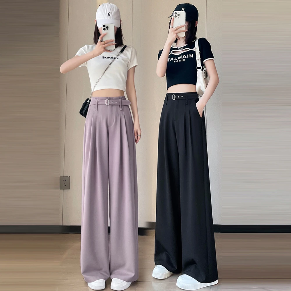 Women's Loose Wide Leg Pants 2025 New High Waist Casual Trousers With Belt Korean Fashion Office Lady Suit Straight Pants