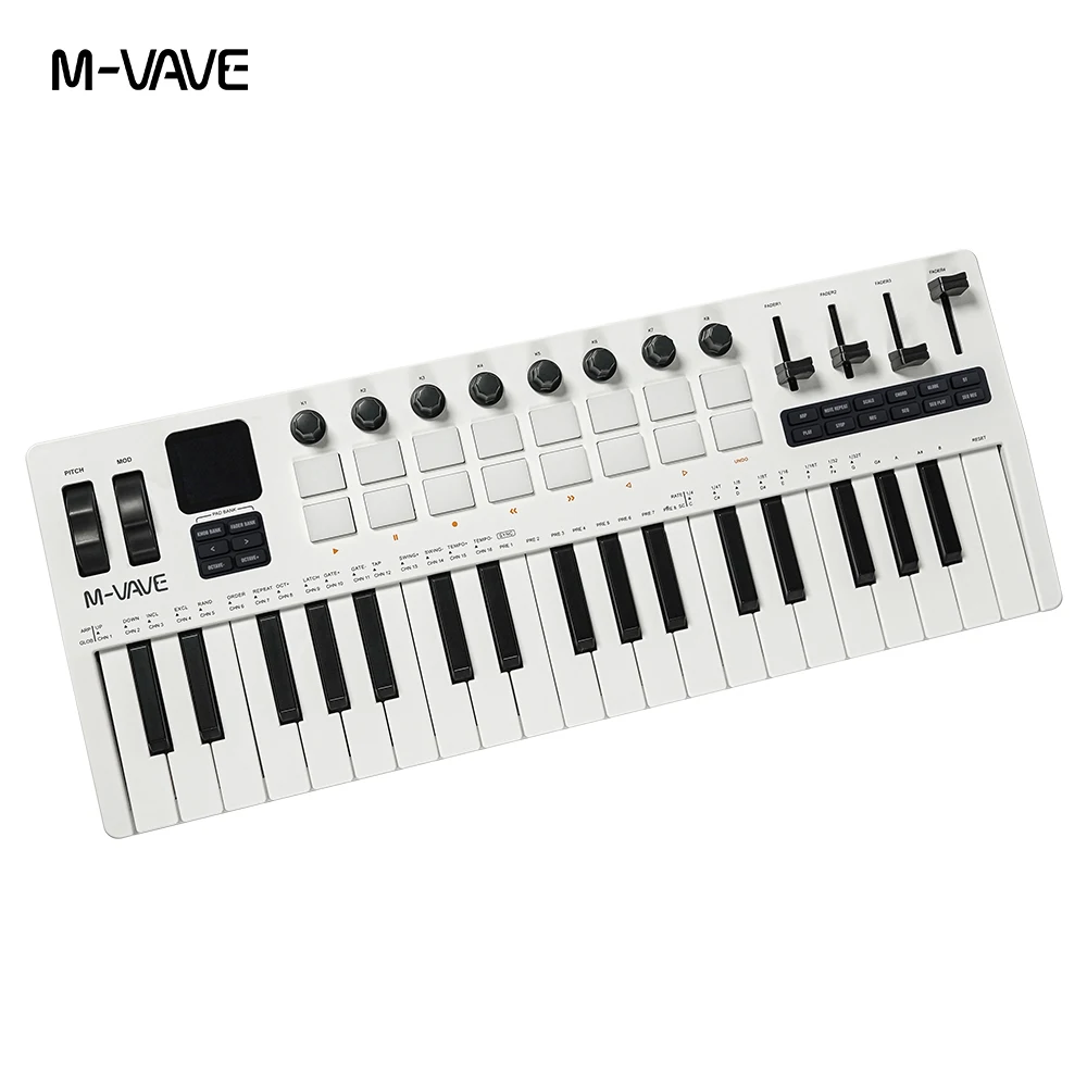 وحدة تحكم M-VAVE SMK-37 للوحة المفاتيح MIDI مع محرك Synth المدمج |   37 مفتاحًا، 16 وسادة RGB، لاسلكية، 8 مقابض + 4Faders |   لايف/استوديو ​