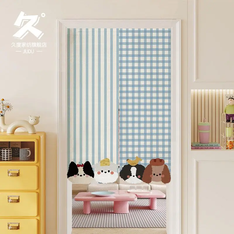 VIKAMA Cartoon Cat Dog Stripe Plaid Door Curtain Blue White Vertical Pink Checkerboard Puppy Black Kitty Apple Cute Kawaii Linen