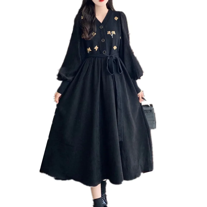 V-Ne Embroidered Floral Knitted Patchwork Corduroy Long Dr Autumn Winter plus Size Waist-Cinching Belted Dr for Coat