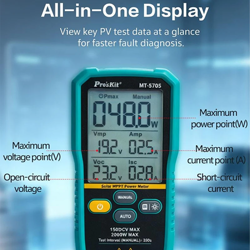 Pro'sKit Solar MPPT Power Meter 60-2000W PV Module Maximum Power Meter Bluetooth Photovoltaic Panel Tester Vmp Imp Voc Isc Test