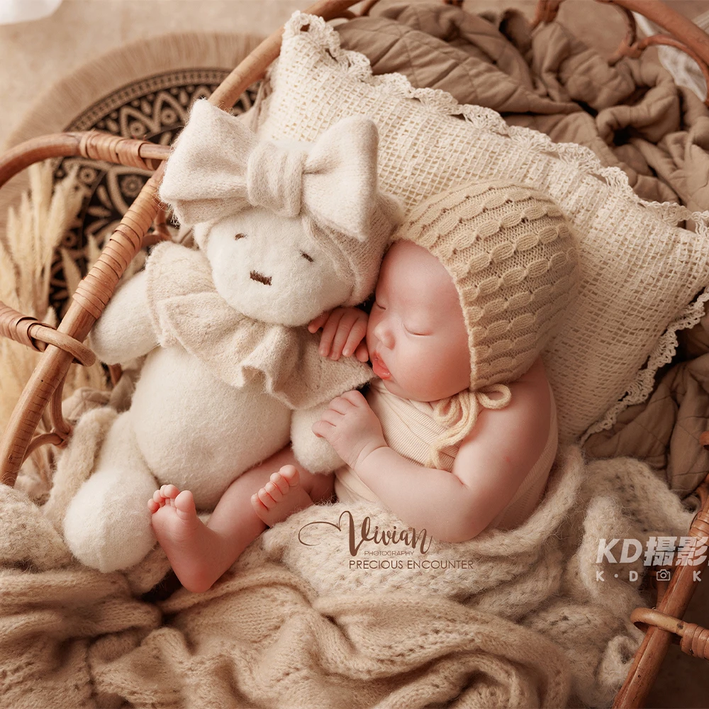 Kit di oggetti di scena per fotografia neonatale marrone rilassante, fascia per cuscino avvolgente elasticizzato, bambola per orsacchiotto, studio per decorazioni per scene fotografiche per bambini