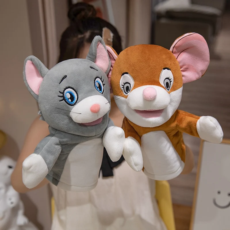 Marionetas de mano de felpa con forma de ratón y gato Kawaii, juguetes educativos para juegos familiares, muñeca de tiempo, 28cm