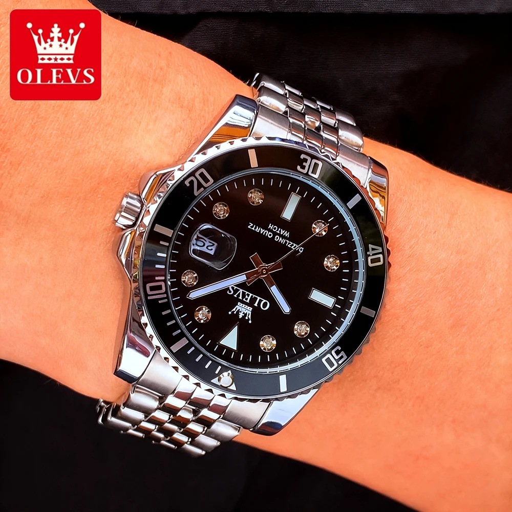OLEVS Top Marke Herrenuhren Trend Mode Feiner Stahl Original Quarz Armbanduhr Wasserdicht Leuchtendes Großes Datum Taucher Lünette 9809