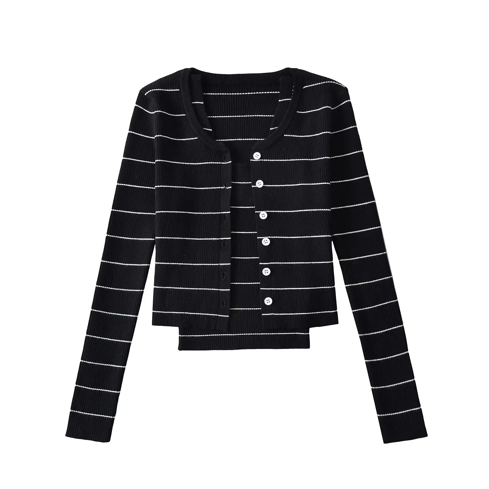 

Korean Sle Spring Autumn Sexy Pure Desire Striped Strap+Long Sve Open Cardigan Two-Piece Set Slimming Knitted Set