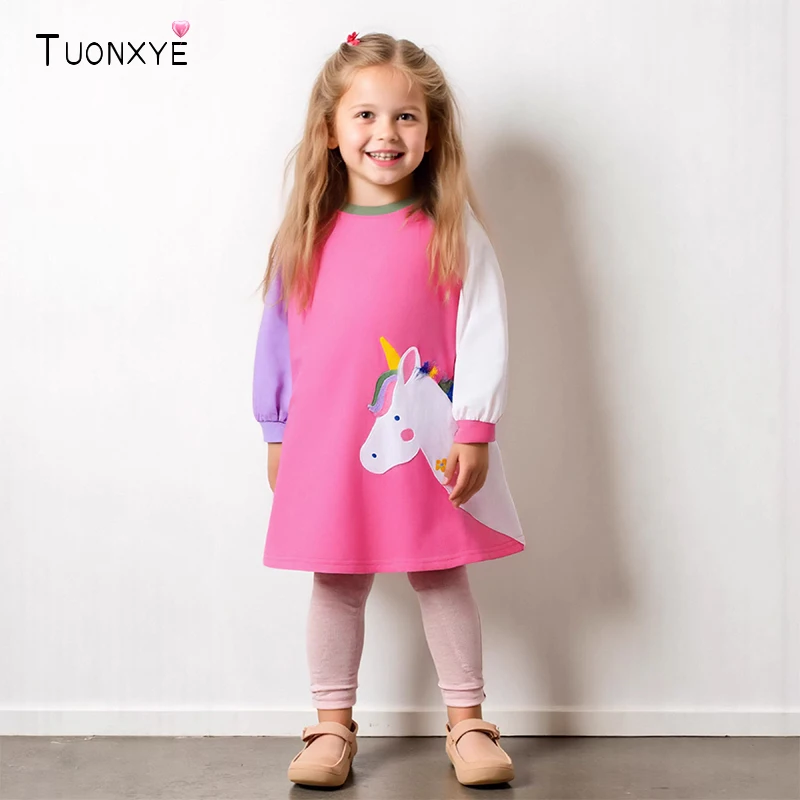 TUONXYE Kinder Kleid Cartoon Einhorn Stickerei Neugeborene Mädchen Langarm Kleid Frühling Herbst Kinder Casual Kostüme