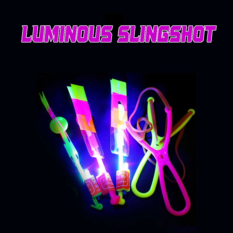 5PCS Outdoor Shining Rocket Flash LED Light Night Kids Luminous Slingshot Toys Shine Slingshot Elastic Helicopter Rotating Toy