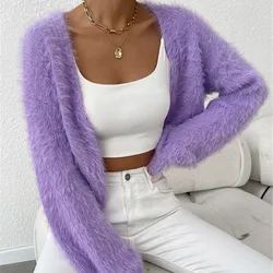 Casual Plush Solid Short Cardigan Women Vintage Loose Fluffy Long Sleeve Open Coats Lady Autumn Soft Elegant Chic Street Outwear