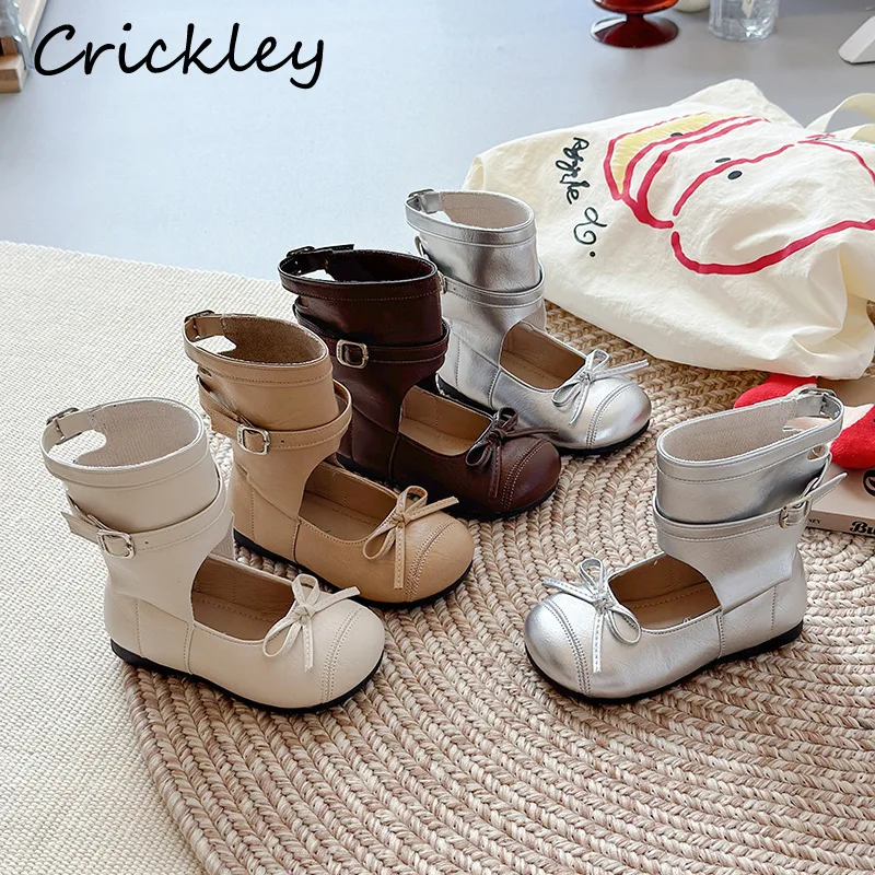

Solid PU Girls Fashion Boots Bow Ballet Buckle Children Ankle Shoes Spring Autumn Princess Slip On Shallow Kids Boots