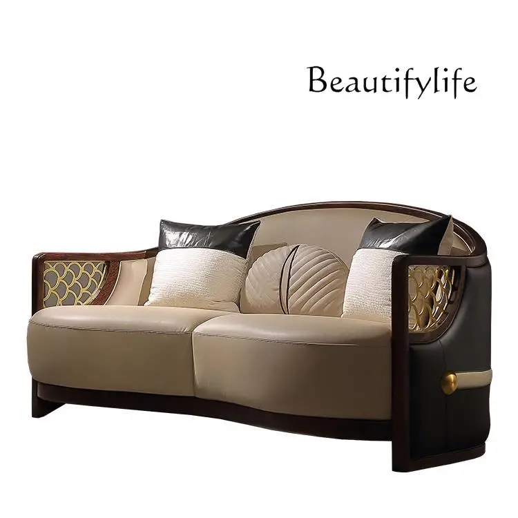 Light Luxury New Chinese Style Ugyen Wood Leather Living Room Sofa Oriental Aesthetic New National Fashion Furniture