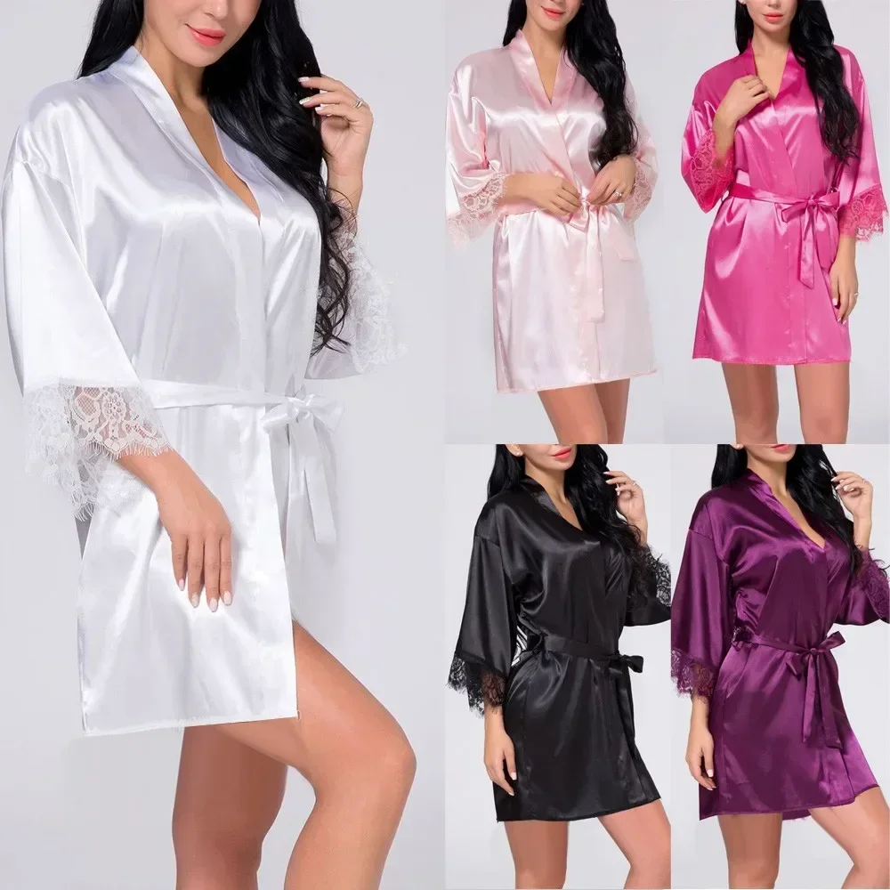 Women Ice Silk Pajamas Robes Soft Comfortable Casual Pure Color Nightdress Stitching Silky Satin Romance Leisure Home Clothes