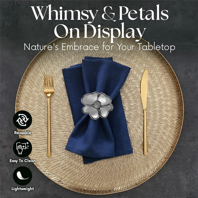حلقات مناديل PB-Flower - حاملات مناديل أنيقة غير قابلة للصدأ للمناديل الورقية ومفارش الطاولة للعشاء، مجموعة من 12 قطعة