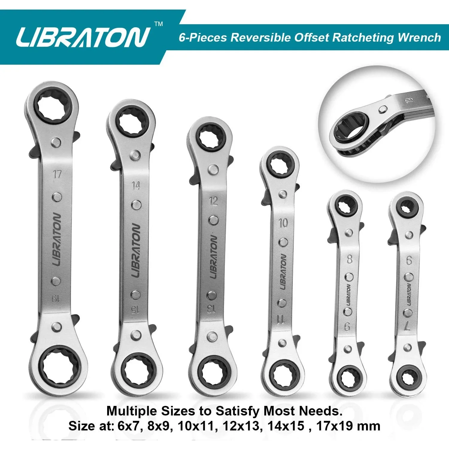 LIBRATON Offset Wrench Set, 6PCs Metric Ratcheting Box Wrenches 6-19mm with Organizer Box Motorcycle Repair, Gift for Men