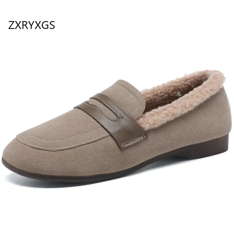 ZXRYXGS قسط البقرة المدبوغ الشتاء حذاء مسطح امرأة جديدة 2025 حجم كبير جولة تو Cimfort حذاء ثلج دافئ موضة حذاء كاجوال الشقق
