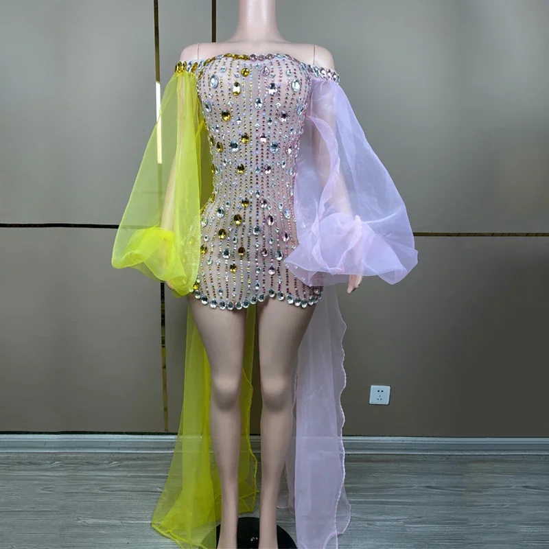 Pink Yellow Puff Sleeves Full Rhinestones Dress Women Party Celebrate Dresses Festival Outfit Stage Catwalk Costume XS7137