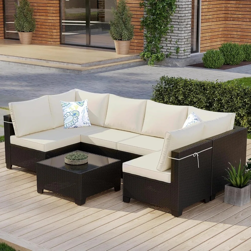 

7 Piece Patio Furniture Set, Wicker Outdoor Sectional Furniture Conversation Set with Rattan Table and Thick Cushion