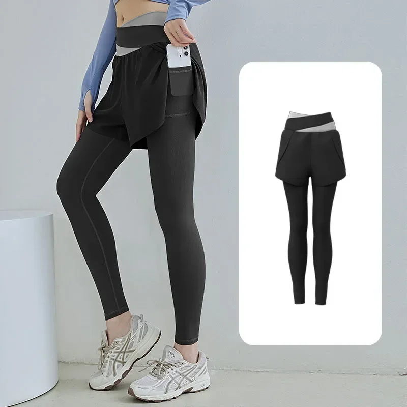 

Fitness Yoga Pants Women Gym Sport Legging Fake Two Pieces Anti-exposure High-waist Yoga Tight with Pockets Color Matching