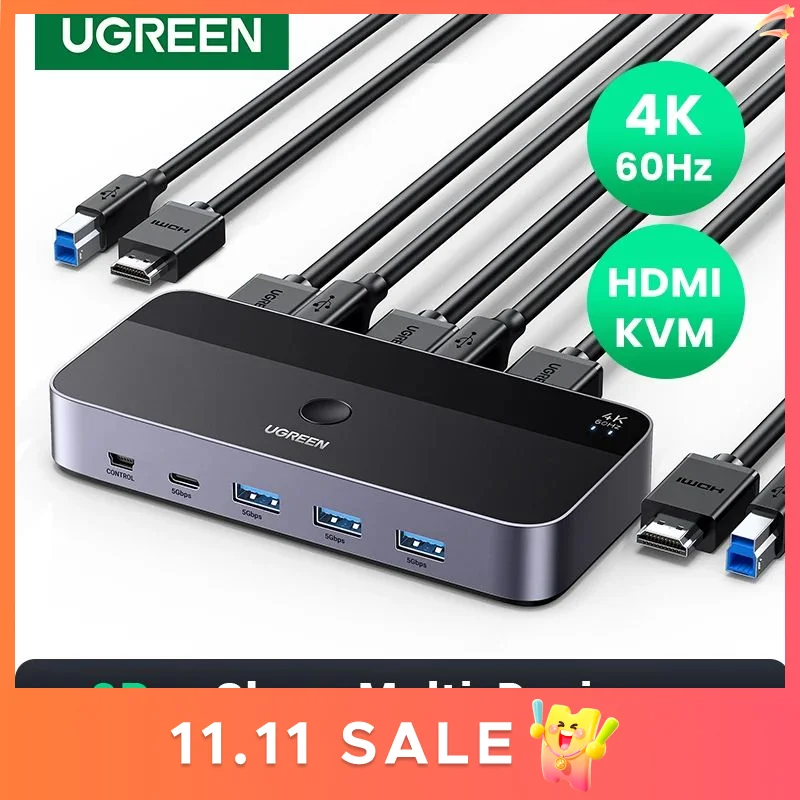 

KVM-переключатель UGREEN 4K @ 60 Гц HDMI, KVM-переключатель USB3.0, 2 шт., совместное использование 1 монитора, принтера, клавиатуры, мыши, с поддержкой 3D ,HDR-видения