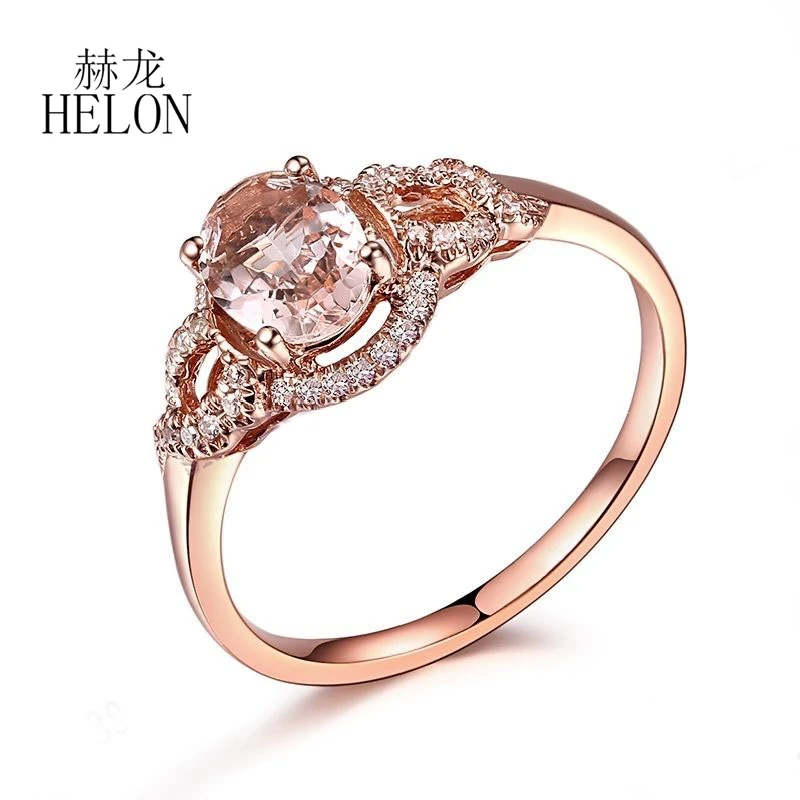 HELON Solid 14k Rose Gold Oval 7x5mm Natural Morganite Engagement Ring Real Diamonds Wedding Ring For Women Fine Jewelry Trendy