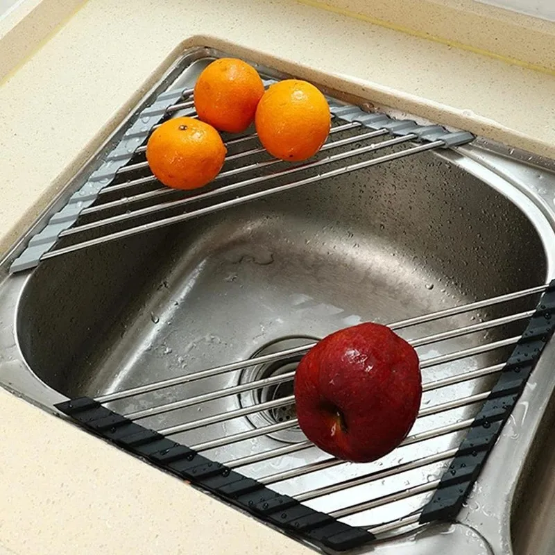 304 Stainless Steel Roll up Dish Drying Rack Over The Sink Kitchen Roll up Sink Rack Portable Dish Drainer Foldable Drying Rack