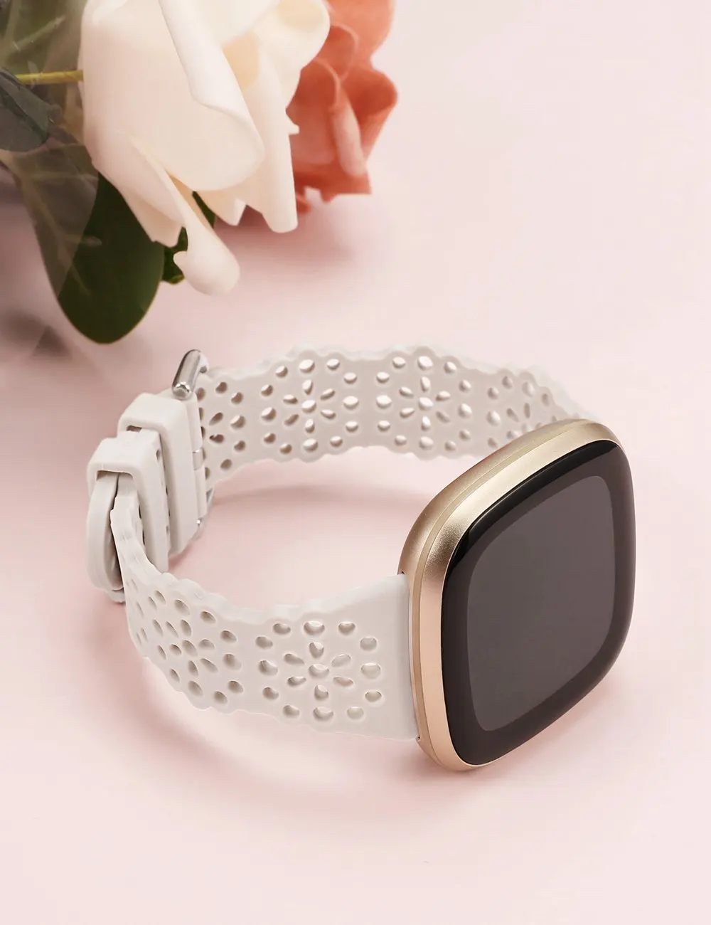 TOYOUTHS Lace Silicone Band for Fitbit Sense/Versa 4/Versa 3/Sense 2 Flower Cut-Outs Sport Solo Loop Strap for Women