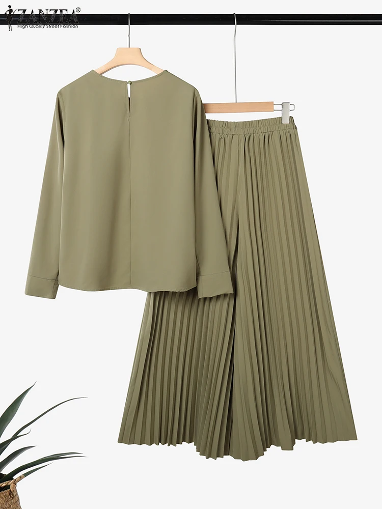ZANZEA Muslim Hijabis 2 Pieces Pant Sets Women's Contrast-Color Long Sleeve Blouses and Pleated Wide Leg Pants Islamic Outfits