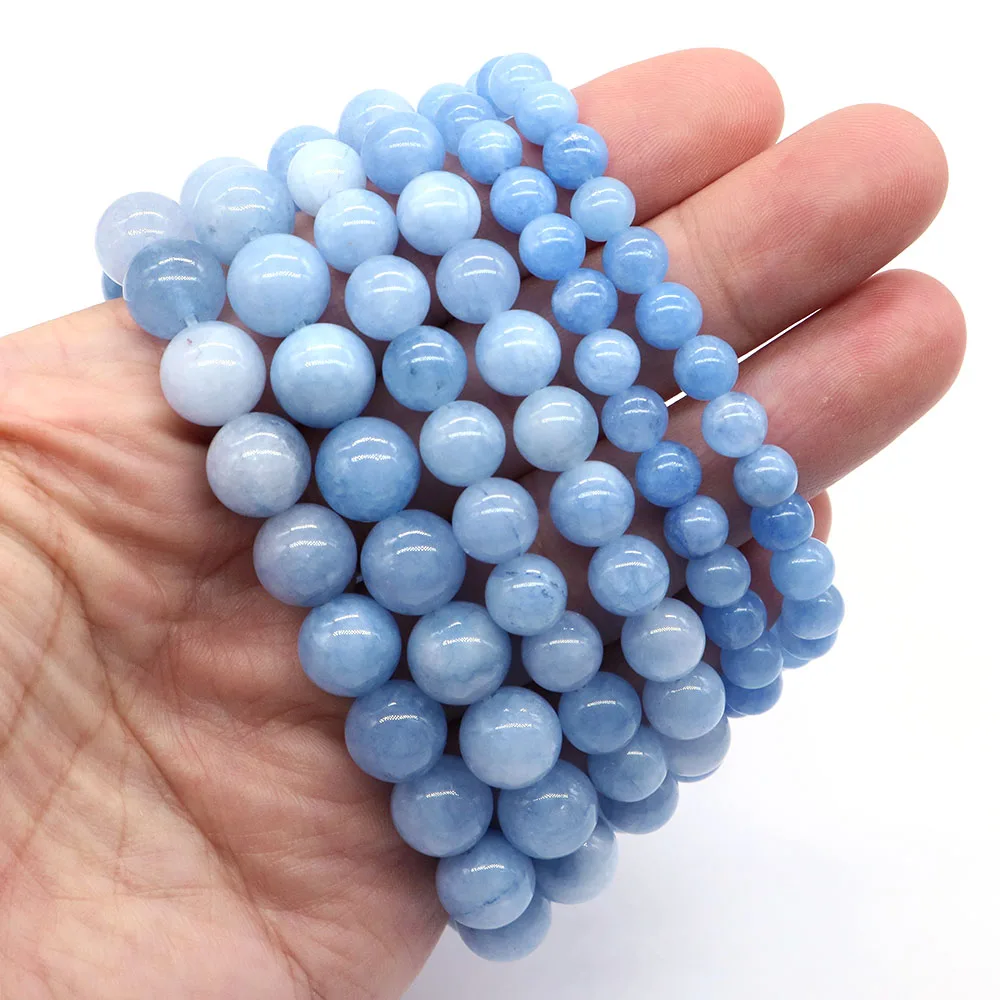 Natural Round Blue Aquamarine Beads Bracelets for Men Women Couple Healing Crystal Stone Elastic Rope Energy Jewelry Gift