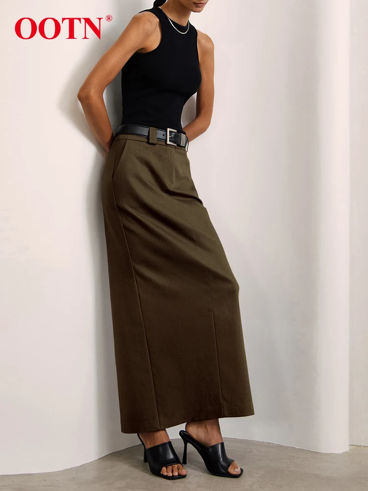 OOTN Street Chic Brown Split Skirts Elegant Autumn High Waist Long Skirts Women Gray Zipper Straight Skirt Women 2024 Twill