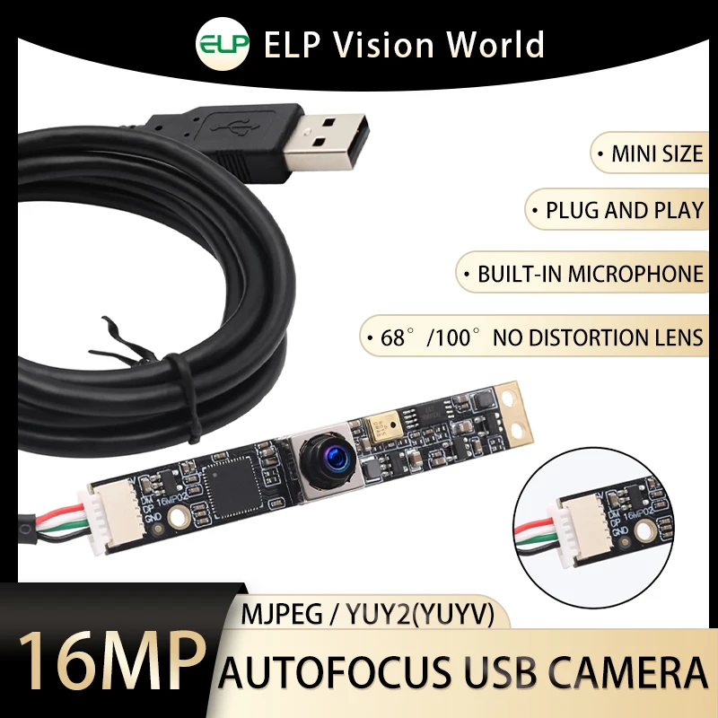 

ELP 16MP Autofocus Camera Module Support Microphone No Distortion Wide Angle Mini Embedded Industrial Slim Board Module Camera