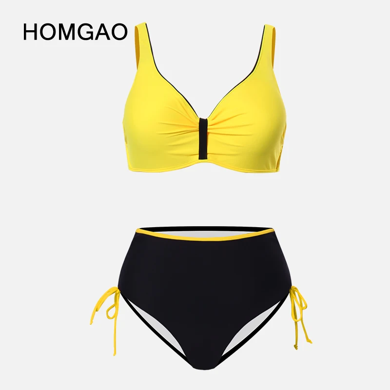 

HOMGAO Sexy Bikinis Sets Plus Size For Women 2023 Yellow Two-Piece Swimsuits Black High-Waisted Swimwear Bathing Suits Biquini