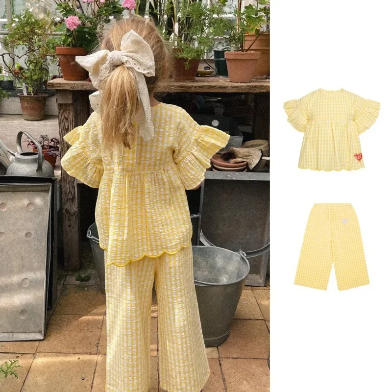 Children's Set 2025 Summer Nordic Lotus Sleeve Top for Girls Fresh Yellow Plaid Loose Short-sleeved Shirt for Kid Blouse