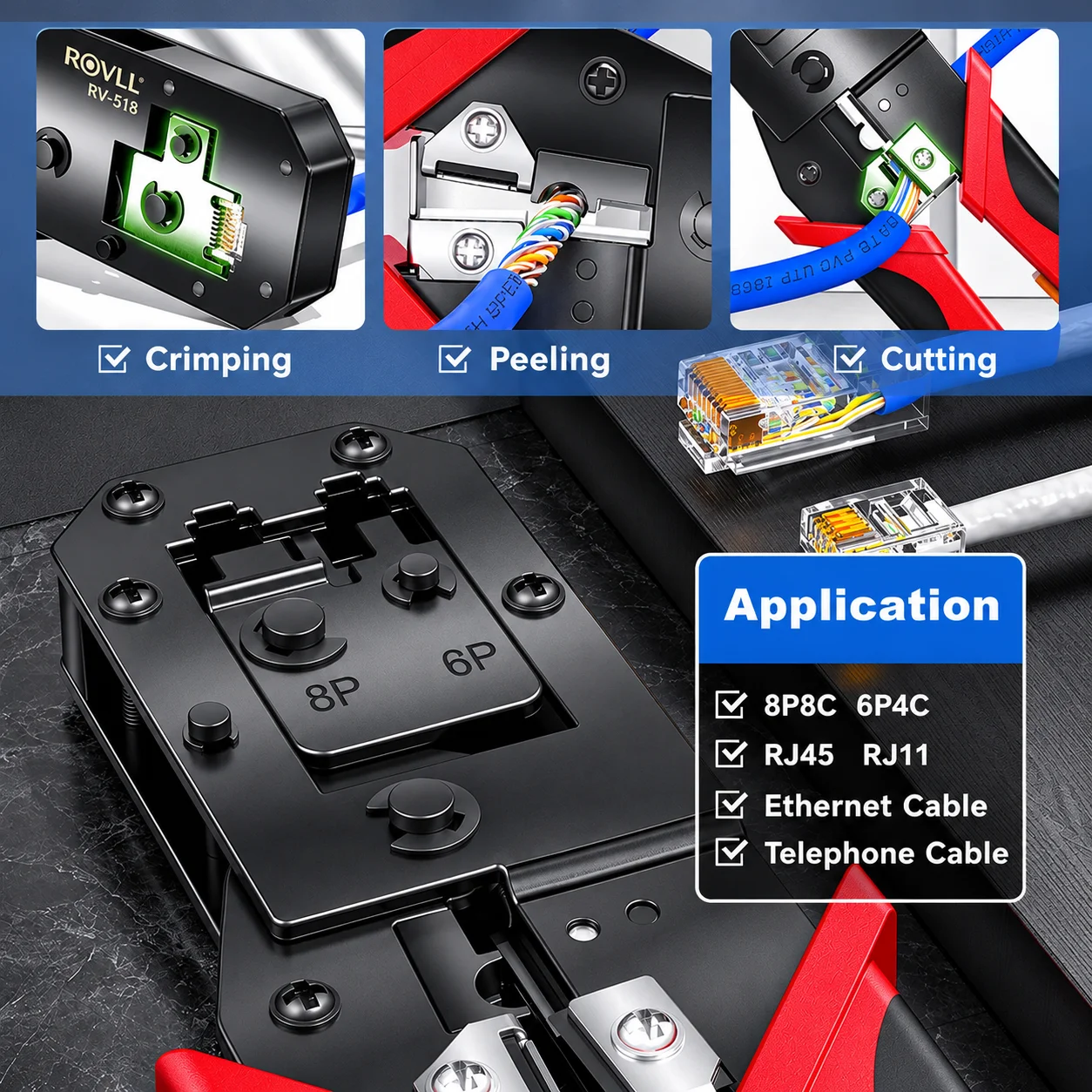 ROVLL RJ45 Crimping Tool 4 in 1 Ethernet Network Cable Crimper Cutter Stripper Plier for 8P8C 6P4C RJ11 RJ12 Modular Plug