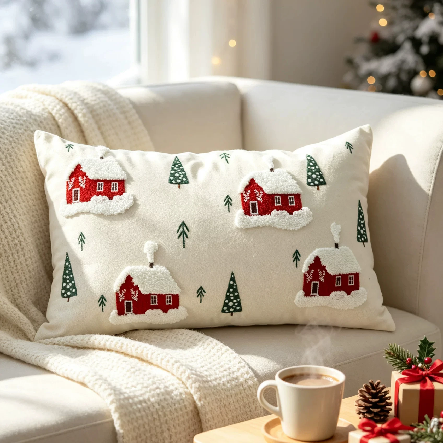 Winter Christmas Tree New Embroidery Pillow Cover Cross-border Export Cotton Canvas Snow House Embroidered Sofa Waist Cushion