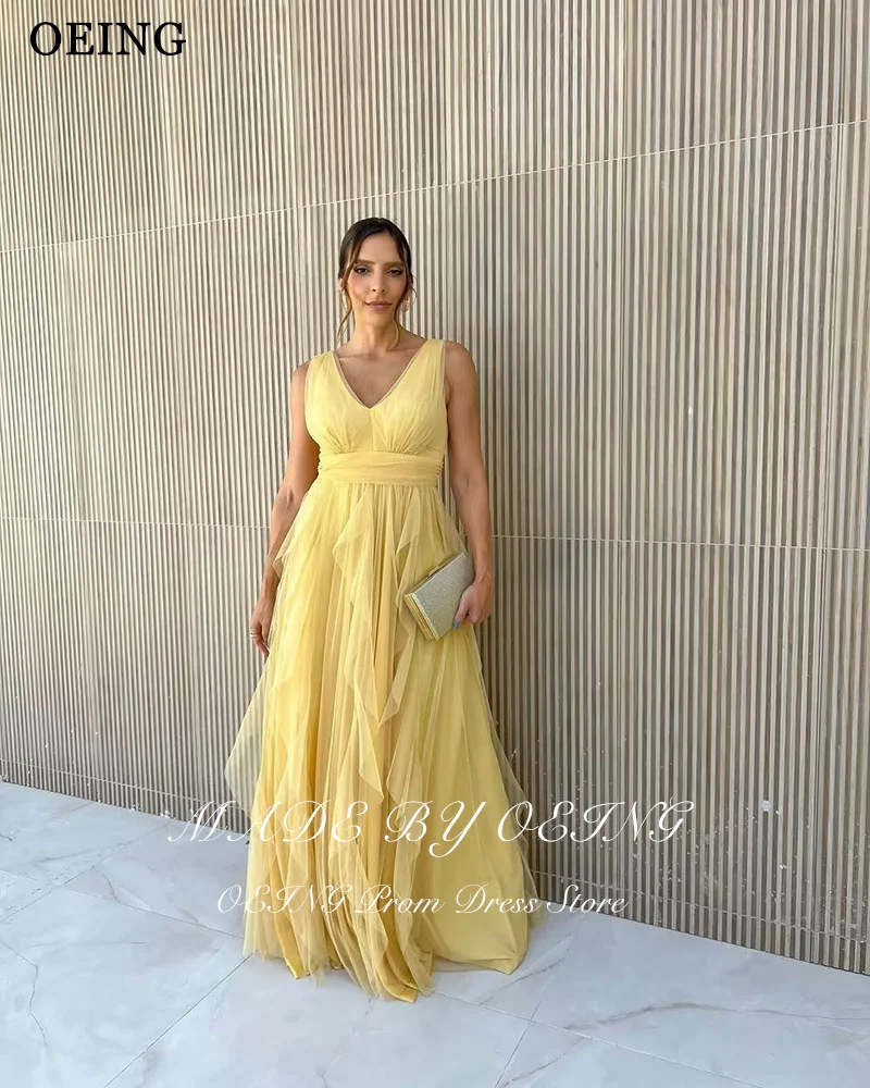 OEING Yellow A-Line Prom Dresses Soft Tulle Elegant V-Neck Pleat Ruched Party Gowns Floor-Length Vestidos de noche