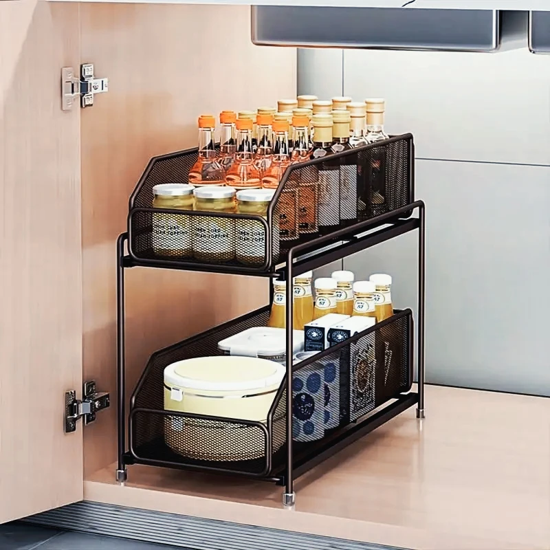 

Sliding Drawer Under Sink Organizer Kitchen 2 Layer Multipurpose Rack Cabinet Storage Rack for Bathroom Kitchen