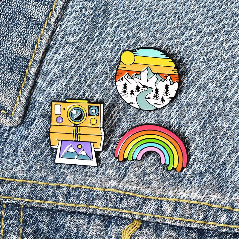 travel camp Lapel Brooch Cartoon Pines Badges Fashion Gifts for Friends Rainbow Landscape Camera Enamel Pin Outdoors Cam Pinsg