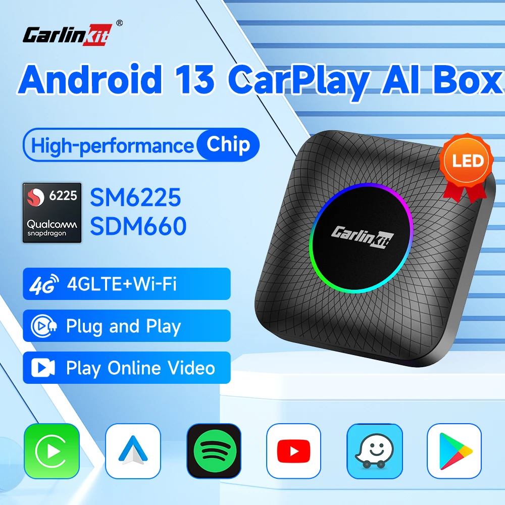 CarlinKit LED Android 13 TV Box SM6225/SDM660 8-Core Wireless CarPlay & Android Auto Ai Box GPS Support Netflix/IPTV/TF/SIM Card