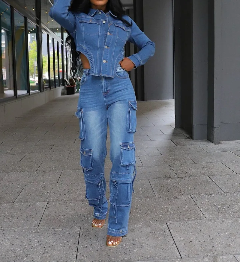 Women Denim 2 Piece Set Long Sleeve Single Breasted Irregular Jackets Crop Top + Multi Pockets High Waist Cargo Pants Jeans Suit