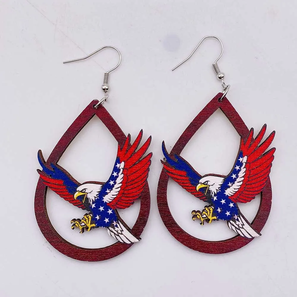 Independence Day American Flag Print Earrings For Women Creative Sunflower Small Drawing Eagle Dog Hollow Waterdrop Earrings