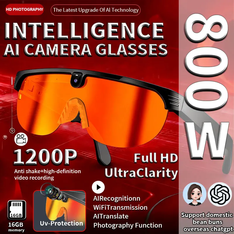 

Умные очки с Wi-Fi, 800 Вт, с камерой, ИИ, для мужчин, с изменением цвета, умные очки-переводчик, запись фото и видео, водонепроницаемые, для звонков, умные солнцезащитные очки