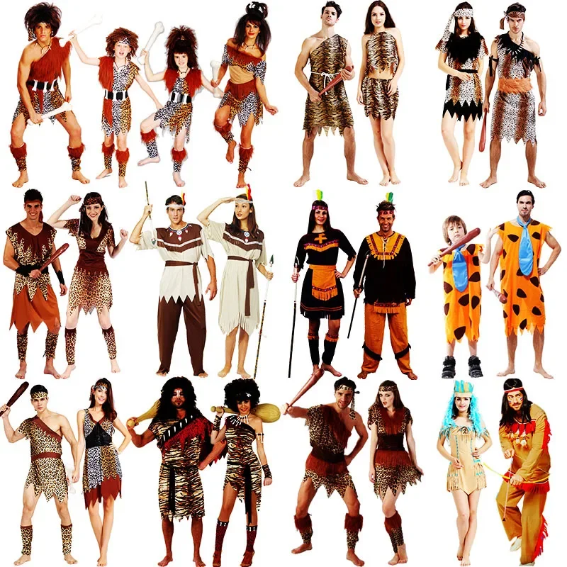 Halloween Costumes Adult Indian Primitive Macho Caveman Costume for Men Women Purim Party Mardi Gras Fancy Dress GS4235