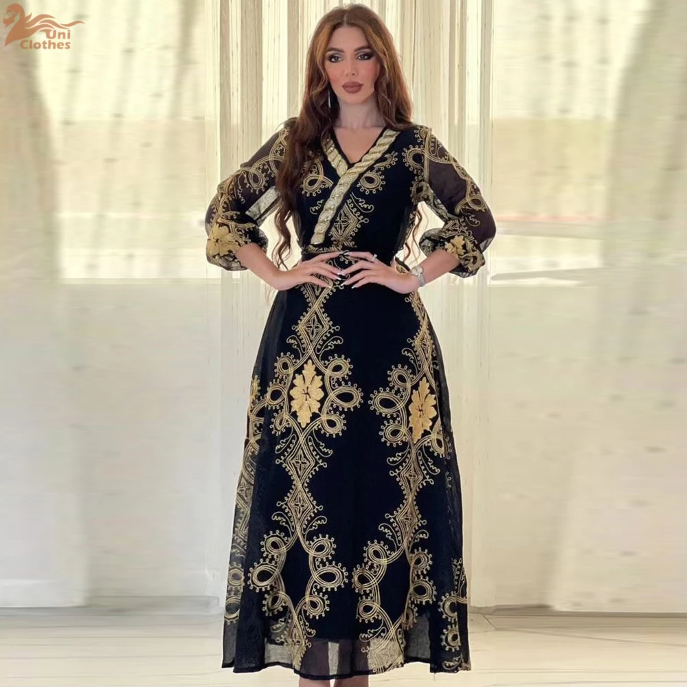 

Arab Costumes Female Fashion Chic Mesh Embroidery Full Sleeve V-Neck Belted Clothing Muslim Elegant Women Evening Dress