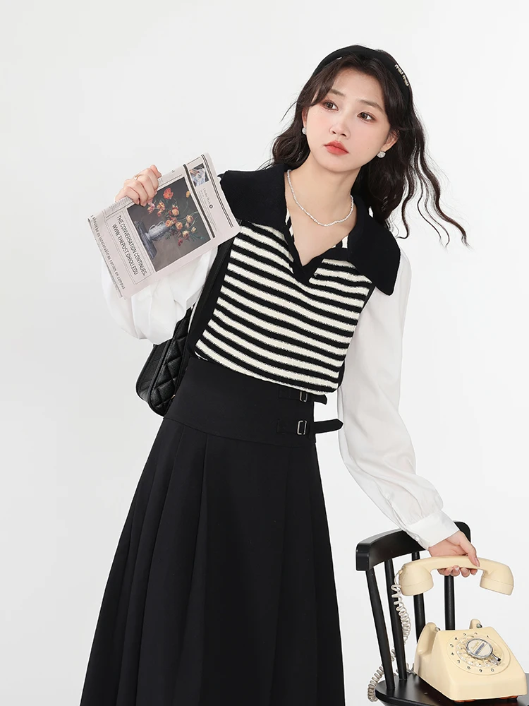 

Осенний комплект 2025: Новинка! Полосатая рубашка с эффектом двухслойности и дизайнерскими вставками. Очень эффектный комплект из двух предметов для женщин: милый, свободный крой.