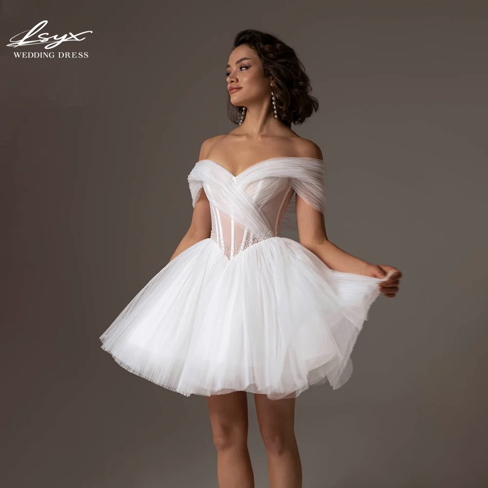

LSYX Customized 2025 Simple Elegant Off The Shoulder Sleeveless Chiffon V-Neck Strapless Short Bridal Gowns Vestidos De Novia